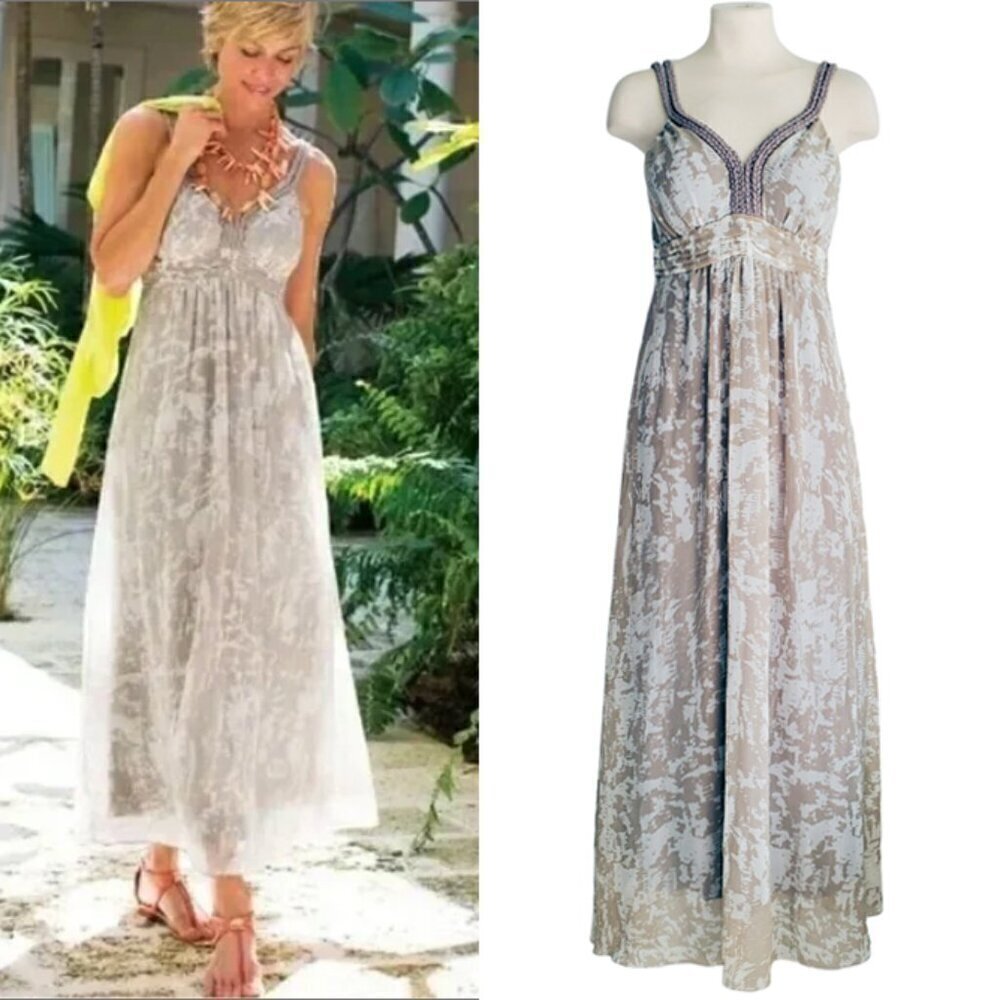 Soft Surroundings Summer Breeze Tan & Grey Abstract Sleeveless Lined Maxi Dress